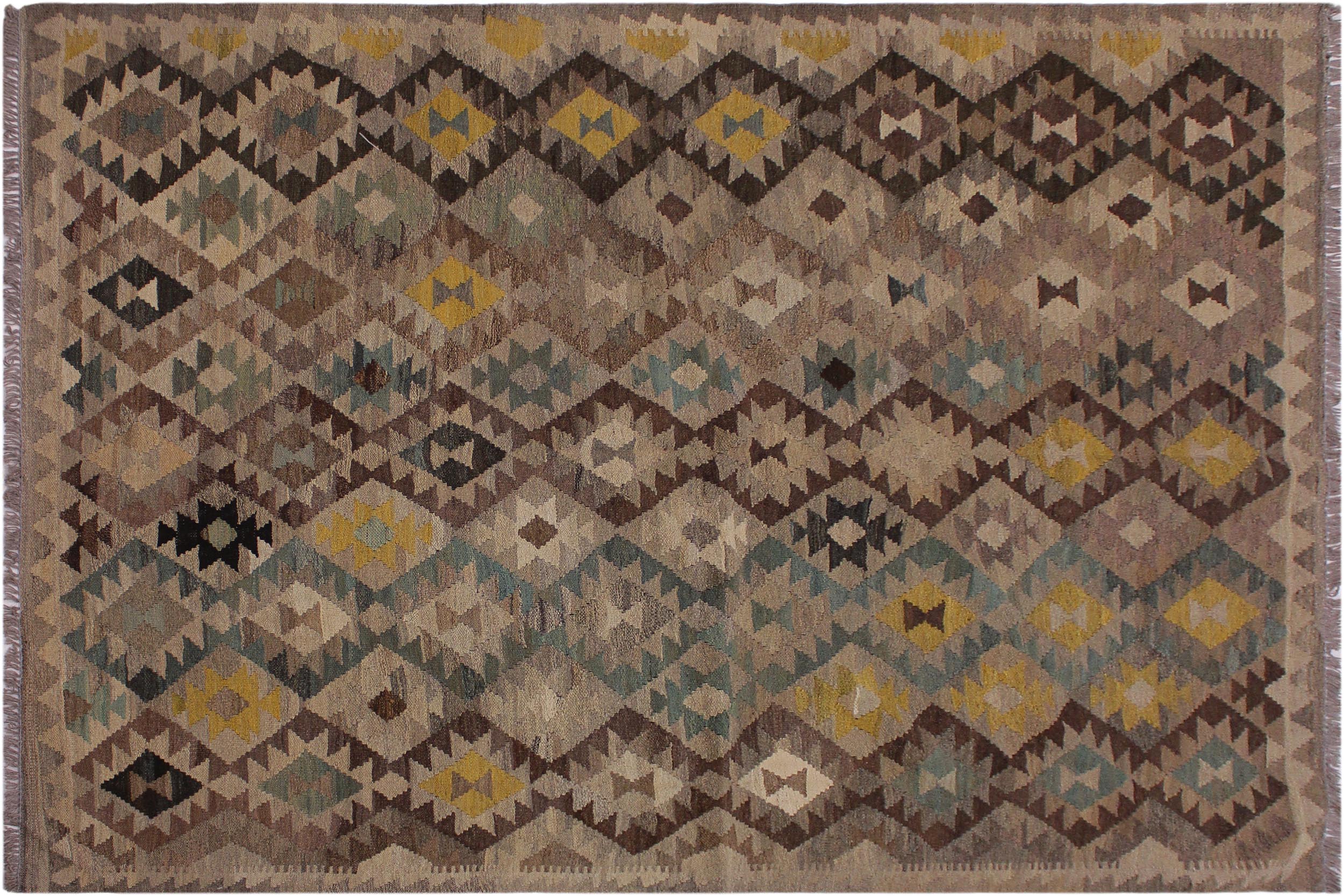 handmade Modern Kilim Tan Green Hand-Woven RECTANGLE 100% WOOL area rug 6' x 8'