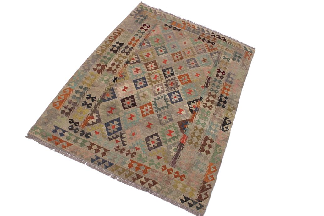 Flat Weave Kilim Antique Navaho Vintage handmade Geometric Kilim Tan Gray Hand-Woven Rectangle 100% Wool Area Rug 6x8 