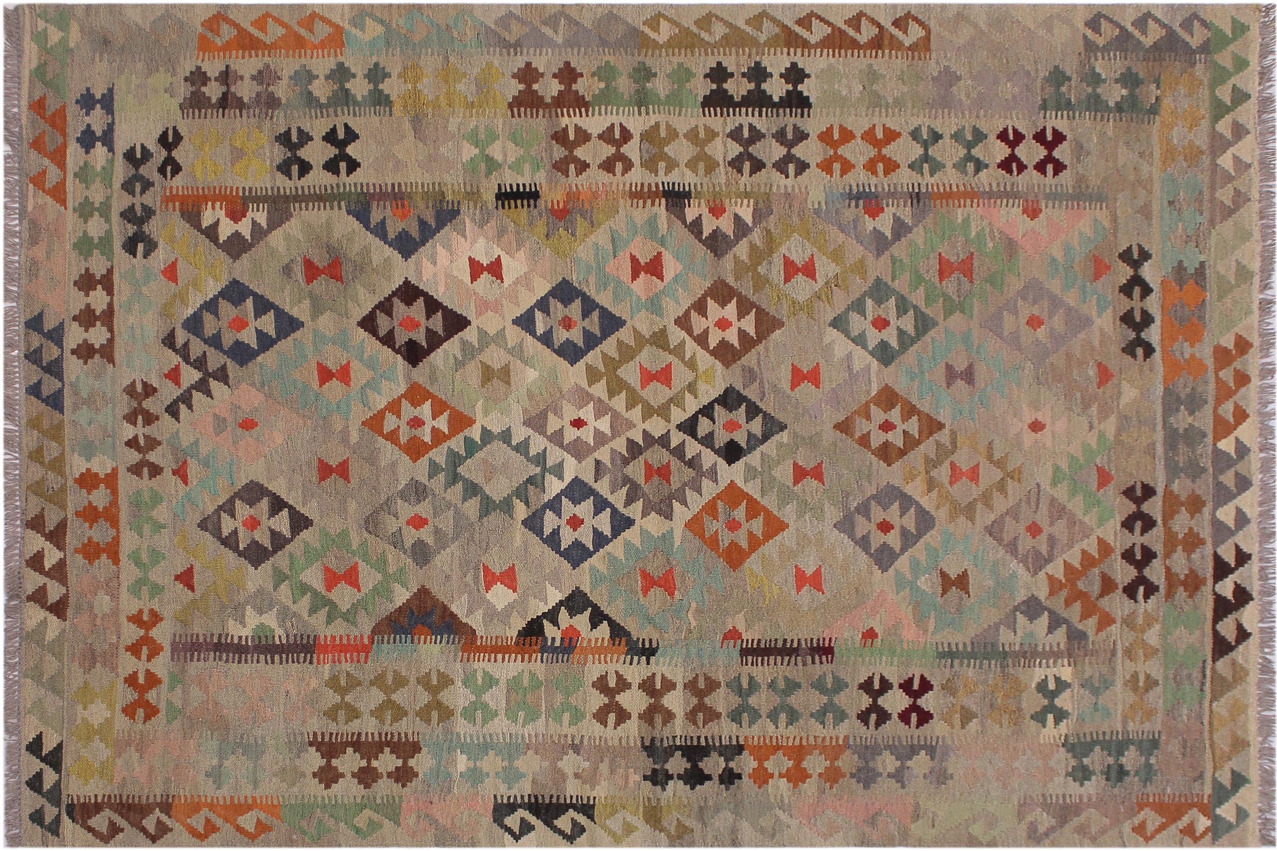 handmade Modern Kilim Tan Gray Hand-Woven RECTANGLE 100% WOOL area rug 6' x 8'