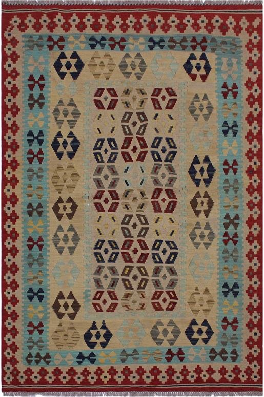 Flat Weave Kilim Antique Navaho Vintage handmade Modern Kilim Tan Red Hand-Woven Rectangle 100% Wool Area Rug 5x7 