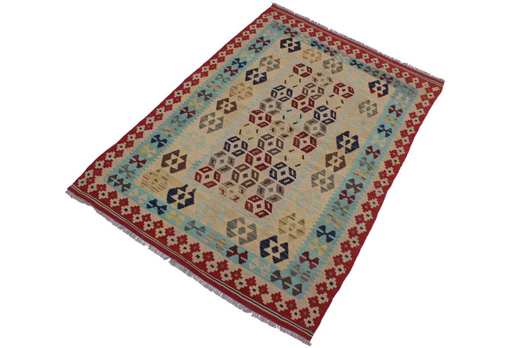 Flat Weave Kilim Antique Navaho Vintage handmade Modern Kilim Tan Red Hand-Woven Rectangle 100% Wool Area Rug 5x7 