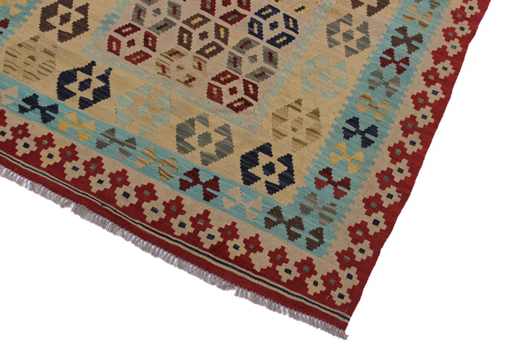 Flat Weave Kilim Antique Navaho Vintage handmade Modern Kilim Tan Red Hand-Woven Rectangle 100% Wool Area Rug 5x7 