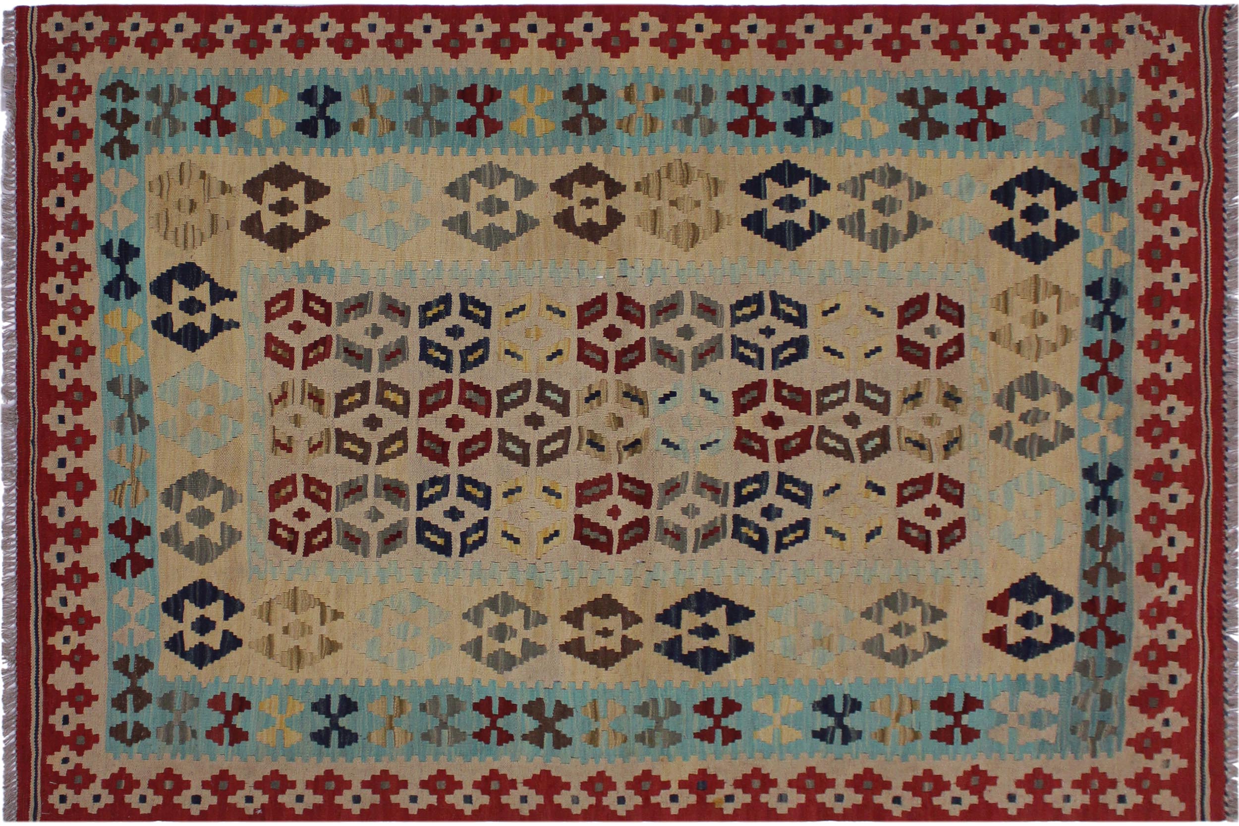 handmade Geometric Kilim Tan Red Hand-Woven RECTANGLE 100% WOOL area rug 5 x 7