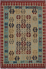 Flat Weave Kilim Antique Navaho Vintage handmade Modern Kilim Tan Red Hand-Woven Rectangle 100% Wool Area Rug 5x7 