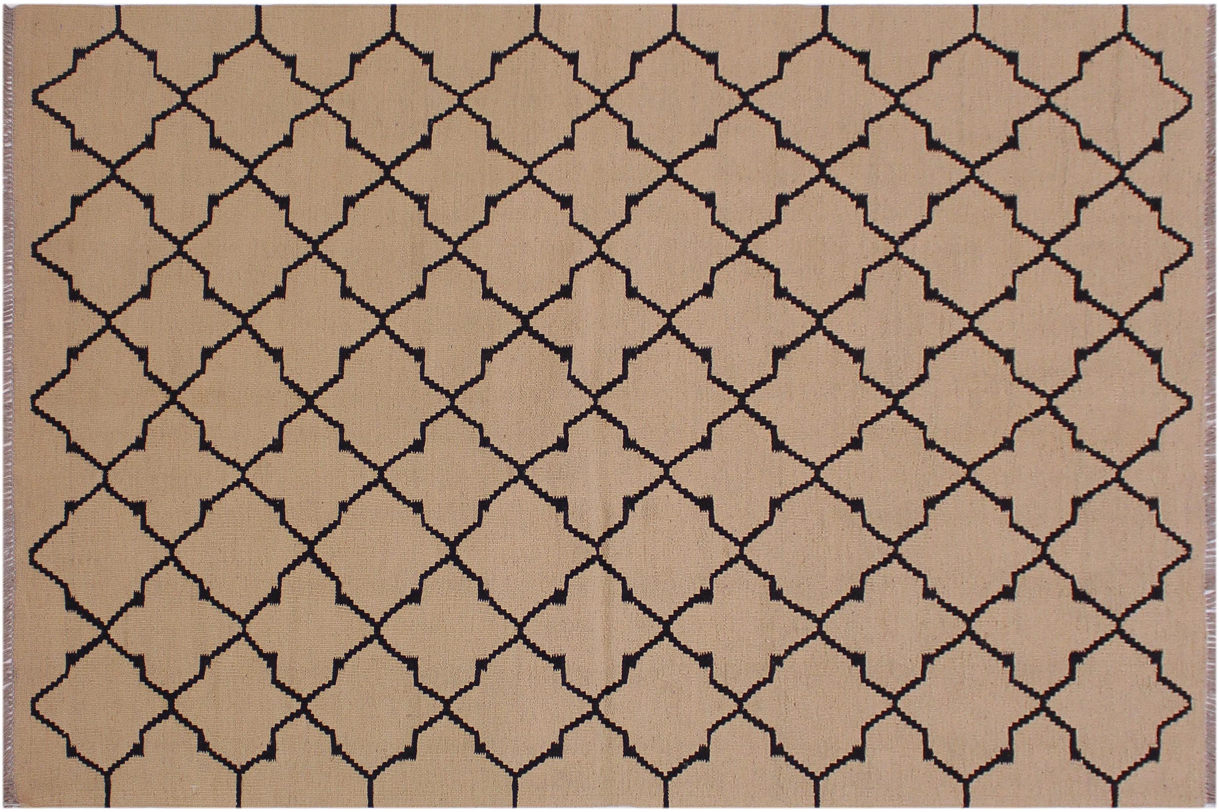 handmade Modern Kilim Beige Black Hand-Woven RECTANGLE 100% WOOL area rug 4' x 6'
