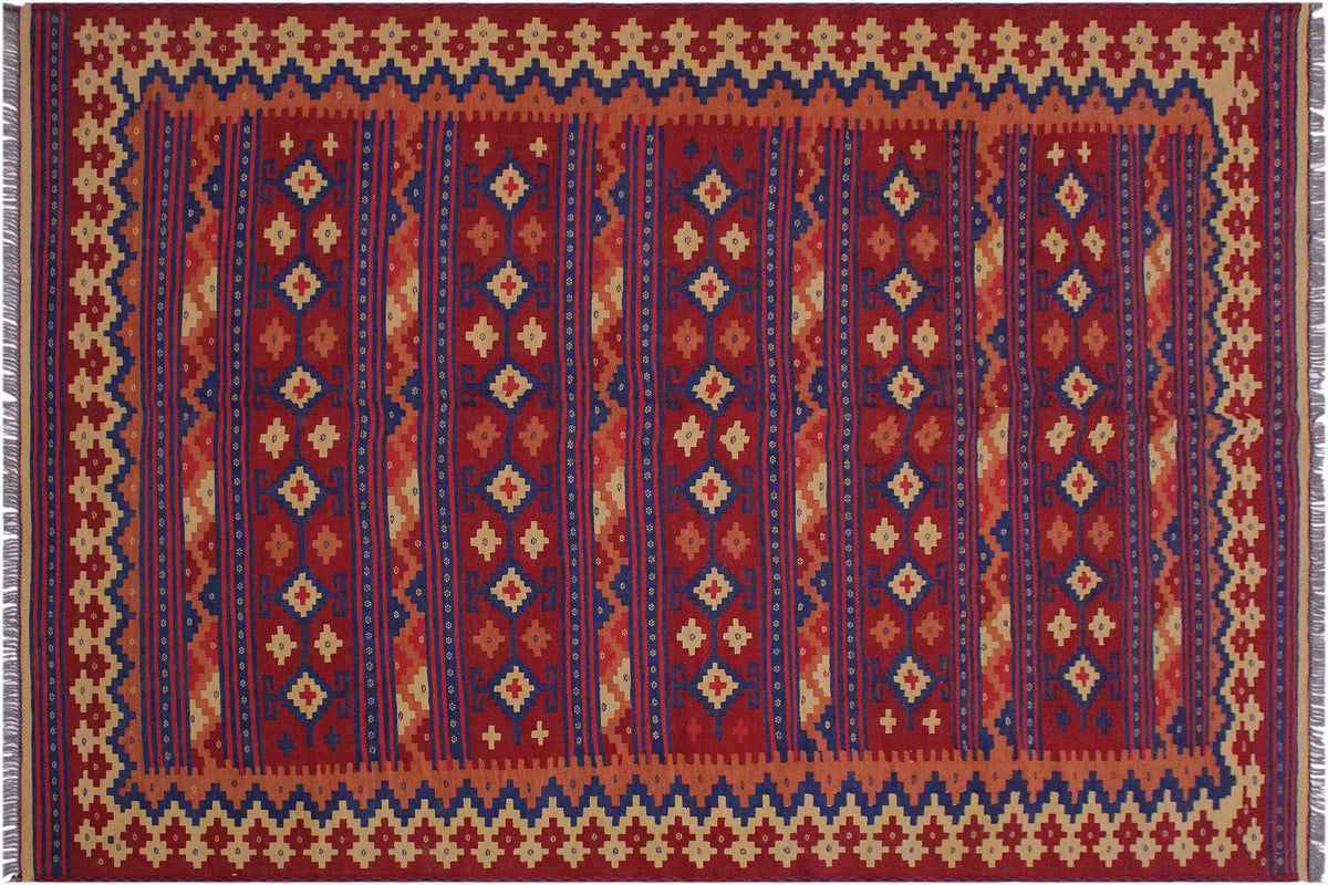6x10 hand woven Turkish Kilim wool rug in red and blue - Rustic Vintage Turkish Maryloui