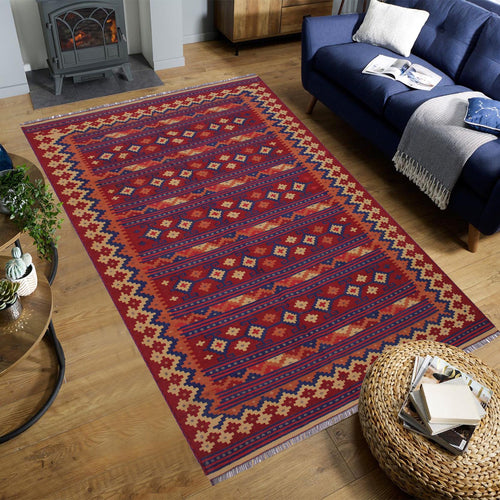 handmade Geometric Kilim Red Blue Hand-Woven RECTANGLE 100% WOOL area rug 6' x 9'
