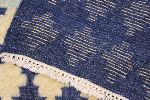 handmade Geometric Moroccan Hi Blue Ivory Hand Knotted RECTANGLE 100% WOOL area rug 4' x 6'