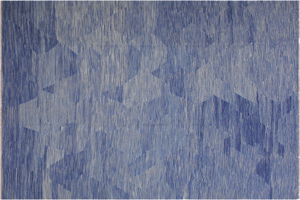 handmade Modern Kilim Blue Beige Hand-Woven RECTANGLE 100% WOOL area rug 9' x 12'