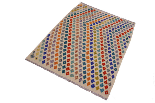 handmade Modern Kilim Beige Rust Hand-Woven RECTANGLE 100% WOOL area rug 5x7