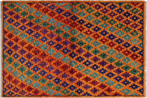 Modern Balochi Felicida Orange/Blue Wool Rug - 3'4''X4'10''