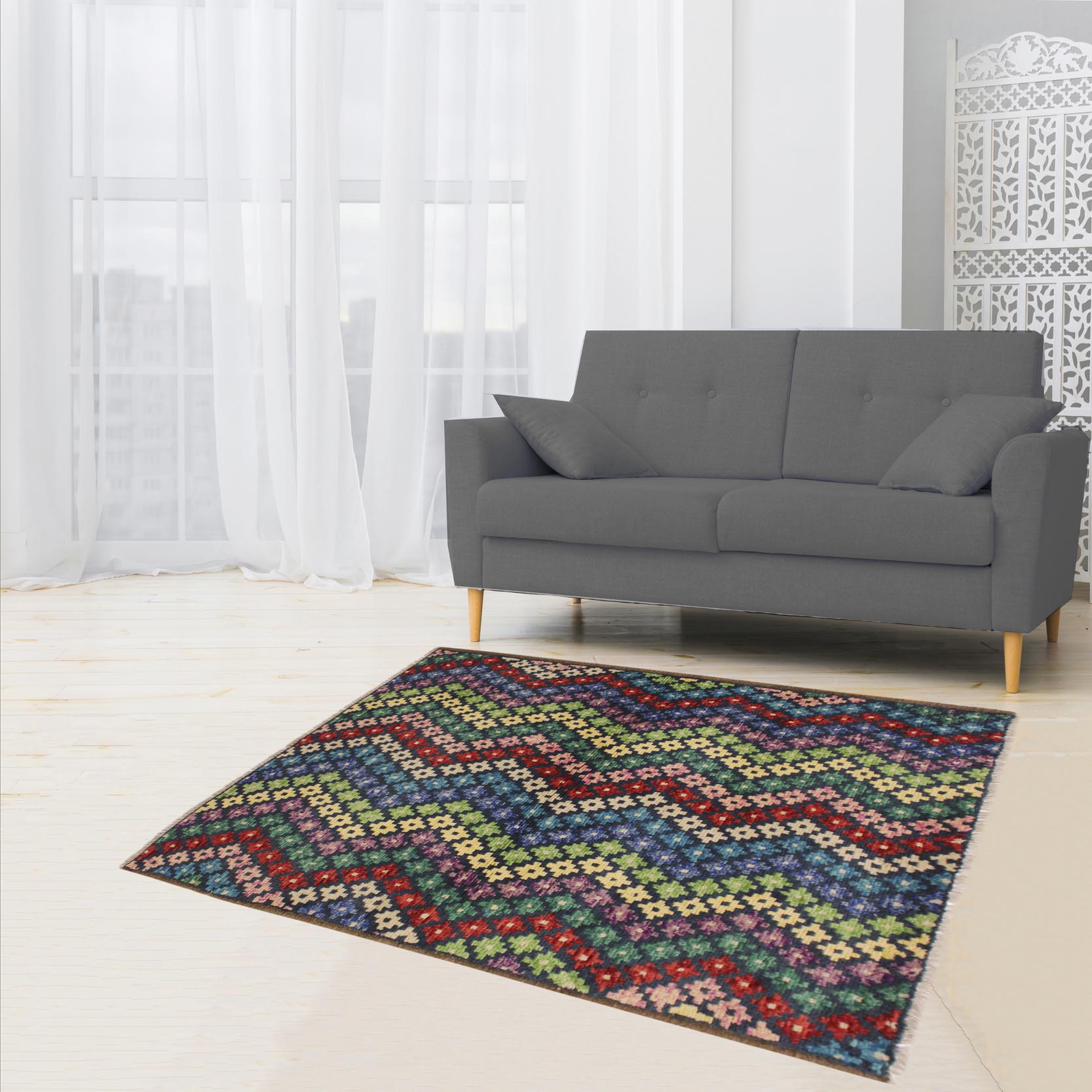 handmade Modern Balouchi Blue Beige Hand Knotted RECTANGLE 100% WOOL area rug 3x5
