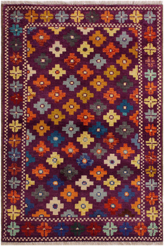 Rustic Balochi Francesc Purple/Green Wool Rug - 3'4''X4'11''