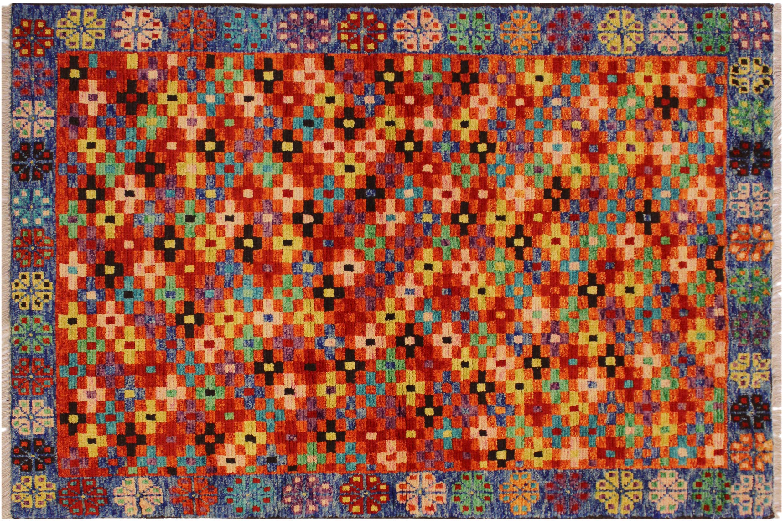 handmade Geometric Balouchi Orange Blue Hand Knotted RECTANGLE 100% WOOL area rug 3x5