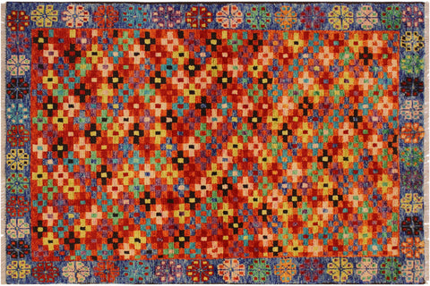handmade Geometric Balouchi Orange Blue Hand Knotted RECTANGLE 100% WOOL area rug 3x5
