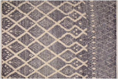 handmade Geometric Moroccan Gray Ivory Hand Knotted RECTANGLE 100% WOOL area rug 8' x 10'