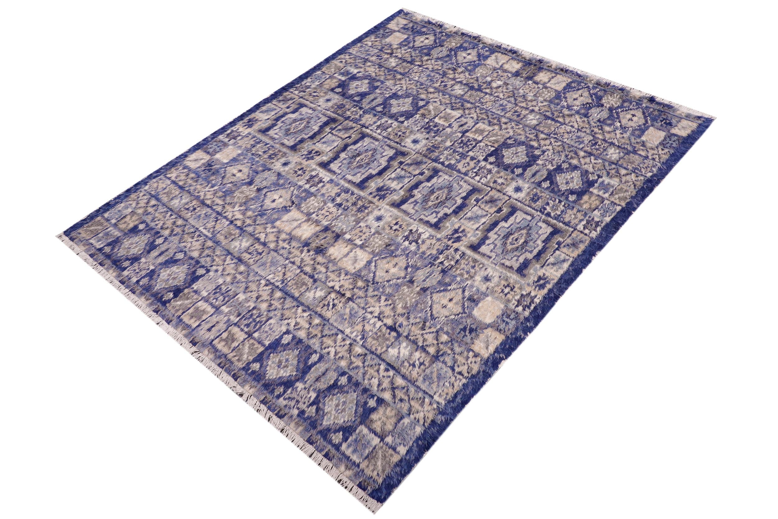 handmade Geometric Moroccan Blue Beige Hand Knotted RECTANGLE 100% WOOL area rug 8' x 10'
