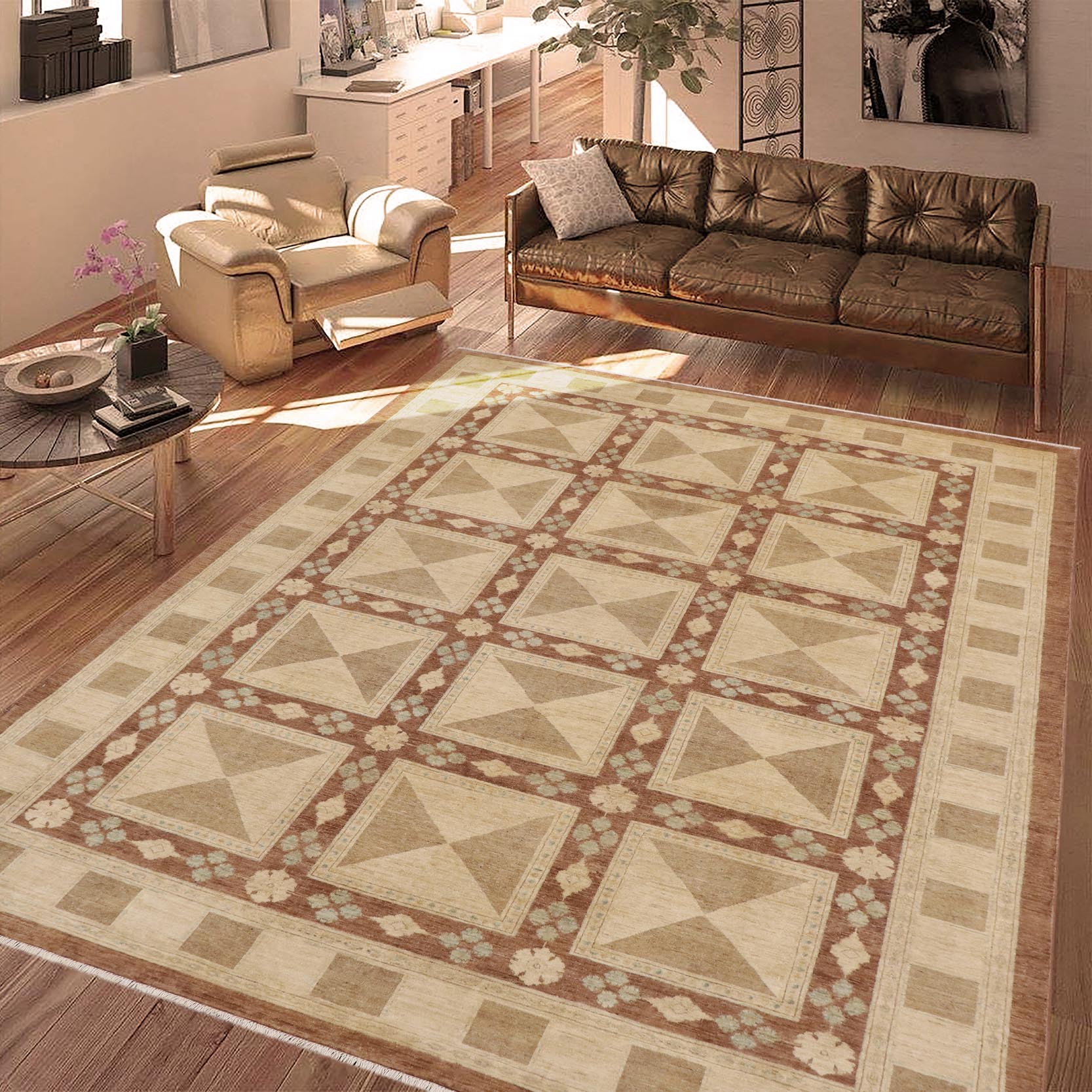 handmade Modern Kafkaz Beige Brown Hand Knotted RECTANGLE 100% WOOL area rug 9' x 12'