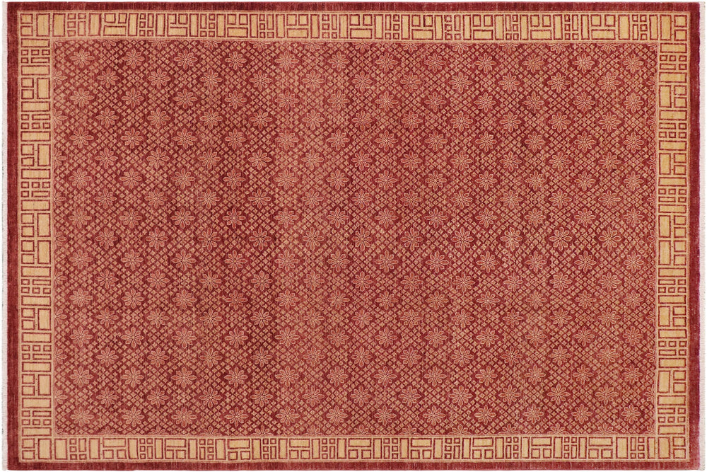 handmade Modern Kafkaz Red Tan Hand Knotted RECTANGLE 100% WOOL area rug 9' x 12'