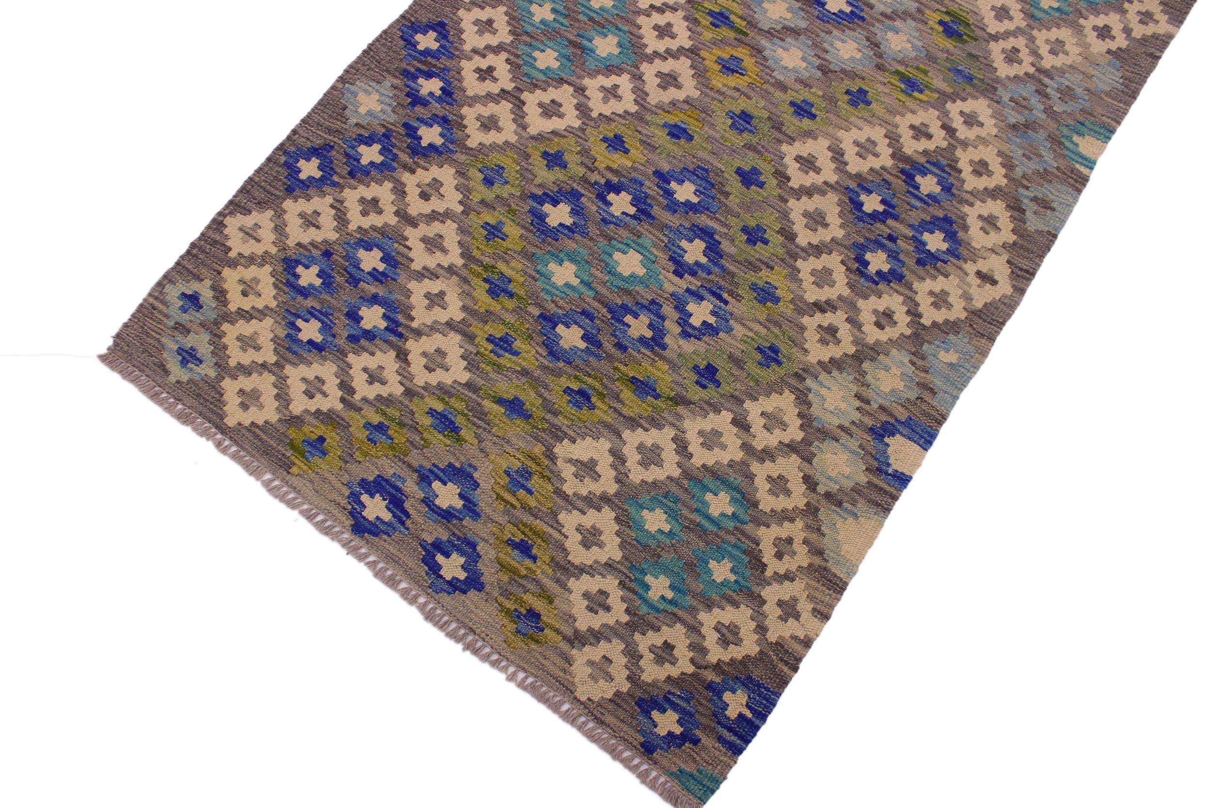 handmade Geometric Kilim Gray Blue Hand-Woven RUNNER 100% WOOL area rug 3 x 10