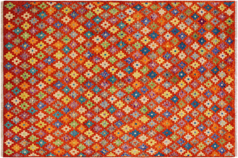Contemporary Balochi Christop Orange/Green Wool Rug - 5'0''X6'6''