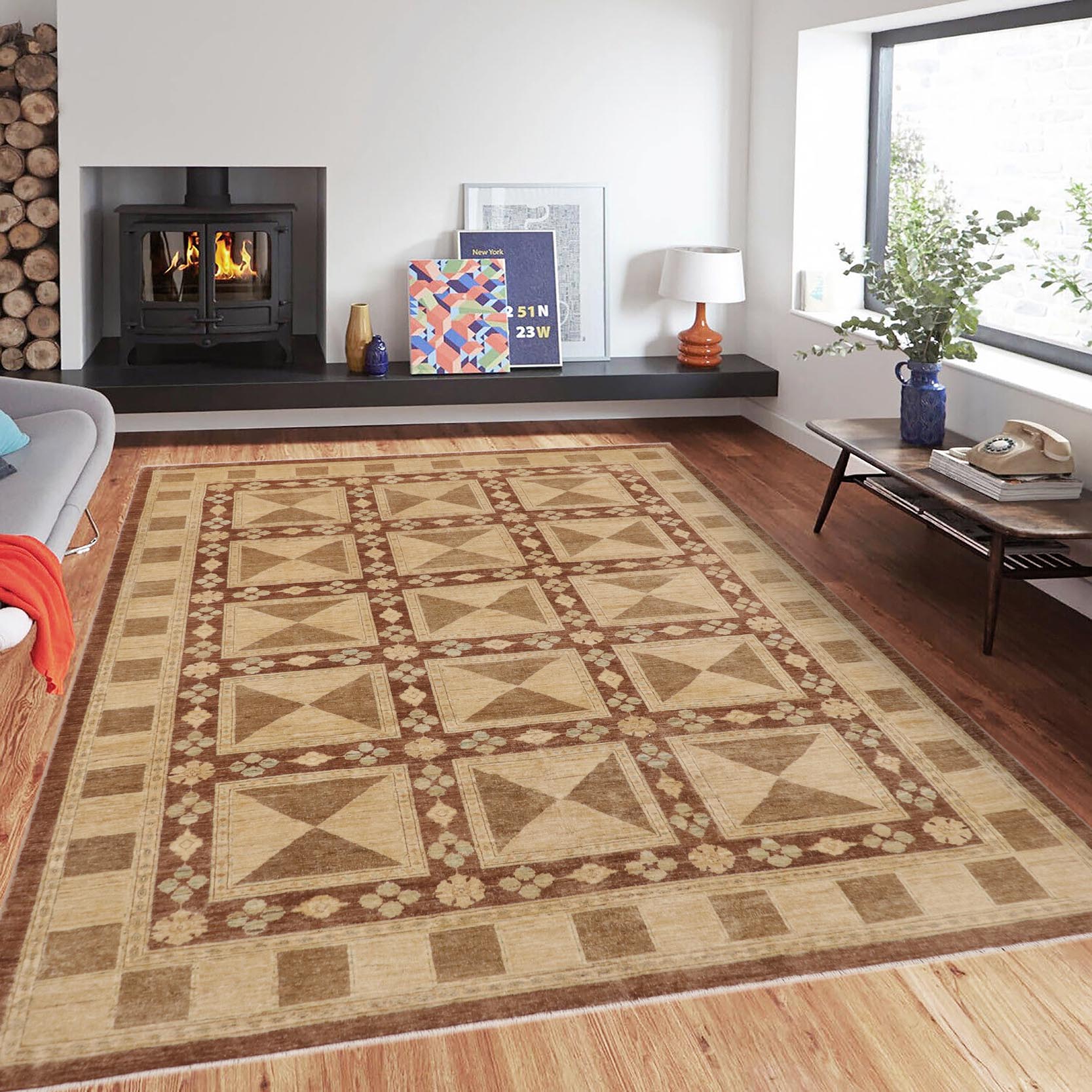 handmade Modern Kafkaz Brown Beige Hand Knotted RECTANGLE 100% WOOL area rug 9' x 11'