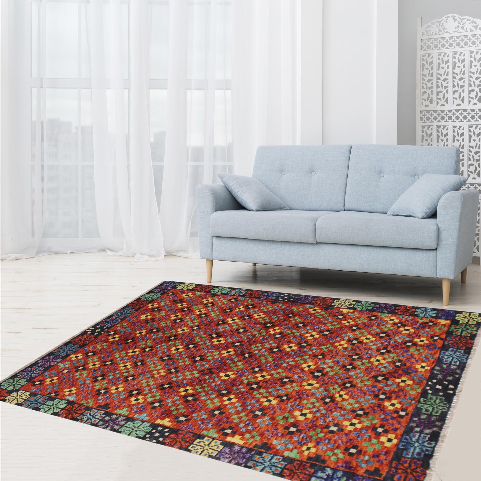 handmade Modern Balouchi Orange Black Hand Knotted RECTANGLE 100% WOOL area rug 3x5