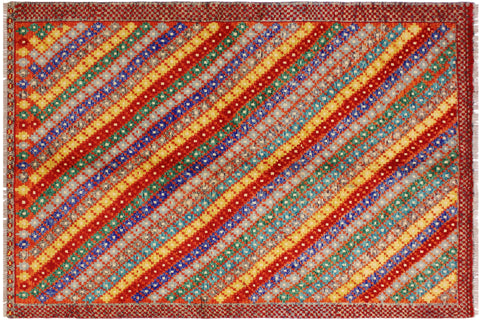 Modern Balochi Ali Orange/Blue Wool Rug - 5'1''X6'7''