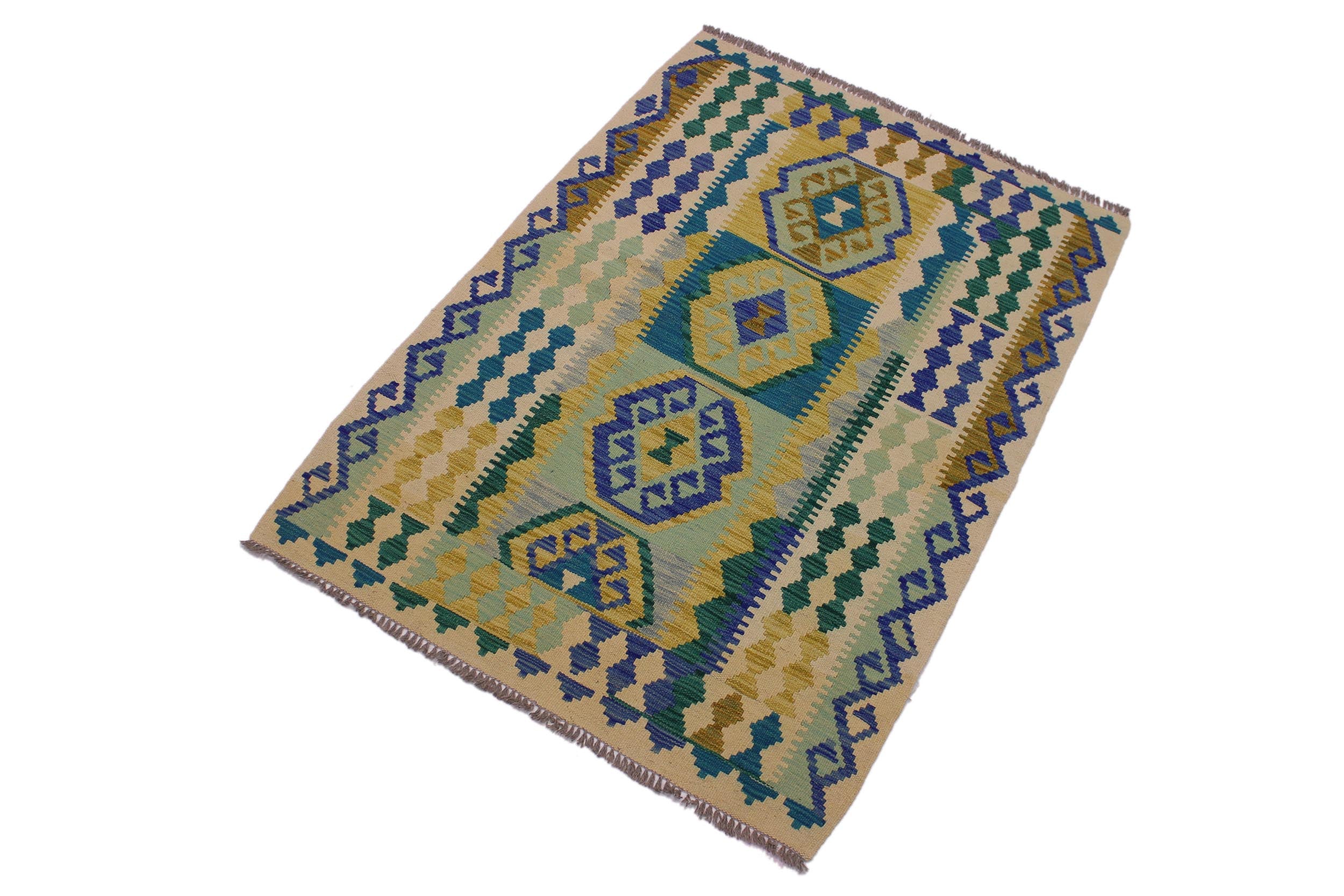 handmade Geometric Kilim Beige Blue Hand-Woven RECTANGLE 100% WOOL area rug 4' x 5'
