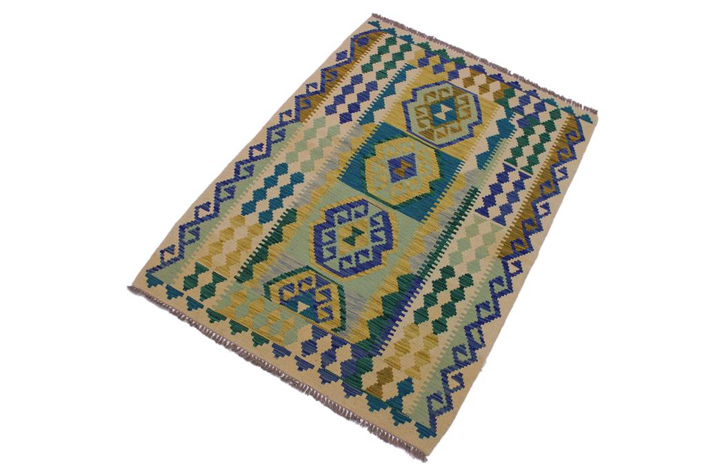 Flat Weave Kilim Antique Navaho Vintage handmade Geometric Kilim Beige Blue Hand-Woven Rectangle 100% Wool Area Rug 4x5 