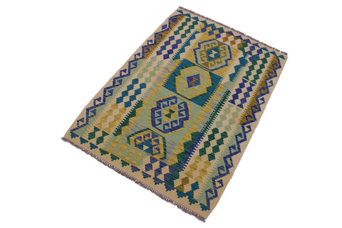 handmade Geometric Kilim Beige Blue Hand-Woven RECTANGLE 100% WOOL area rug 4' x 5'