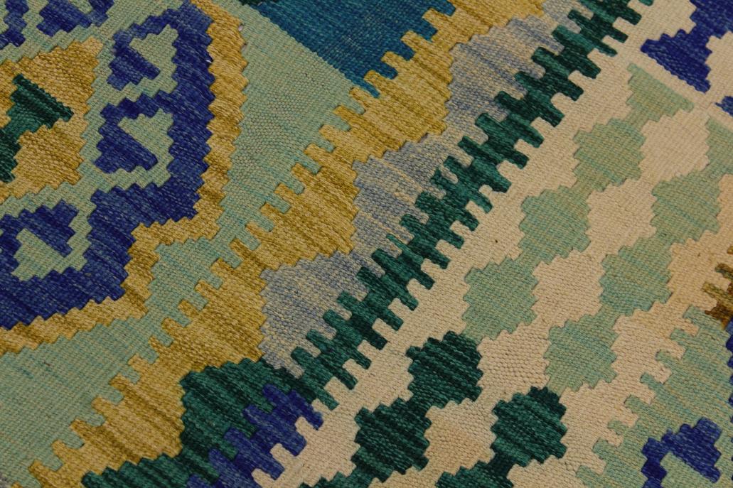 Flat Weave Kilim Antique Navaho Vintage handmade Geometric Kilim Beige Blue Hand-Woven Rectangle 100% Wool Area Rug 4x5 