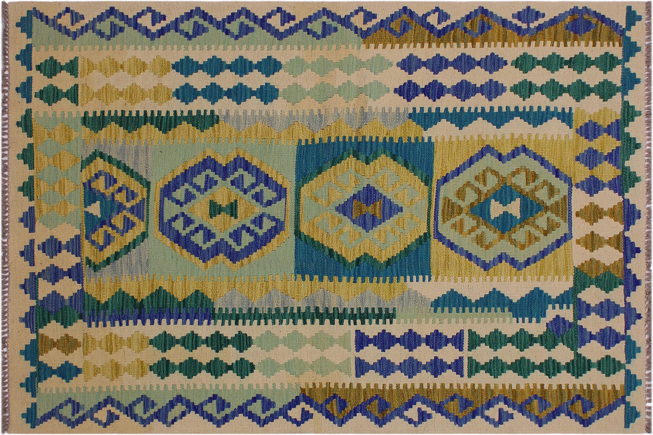 handmade Geometric Kilim Beige Blue Hand-Woven RECTANGLE 100% WOOL area rug 4' x 5'