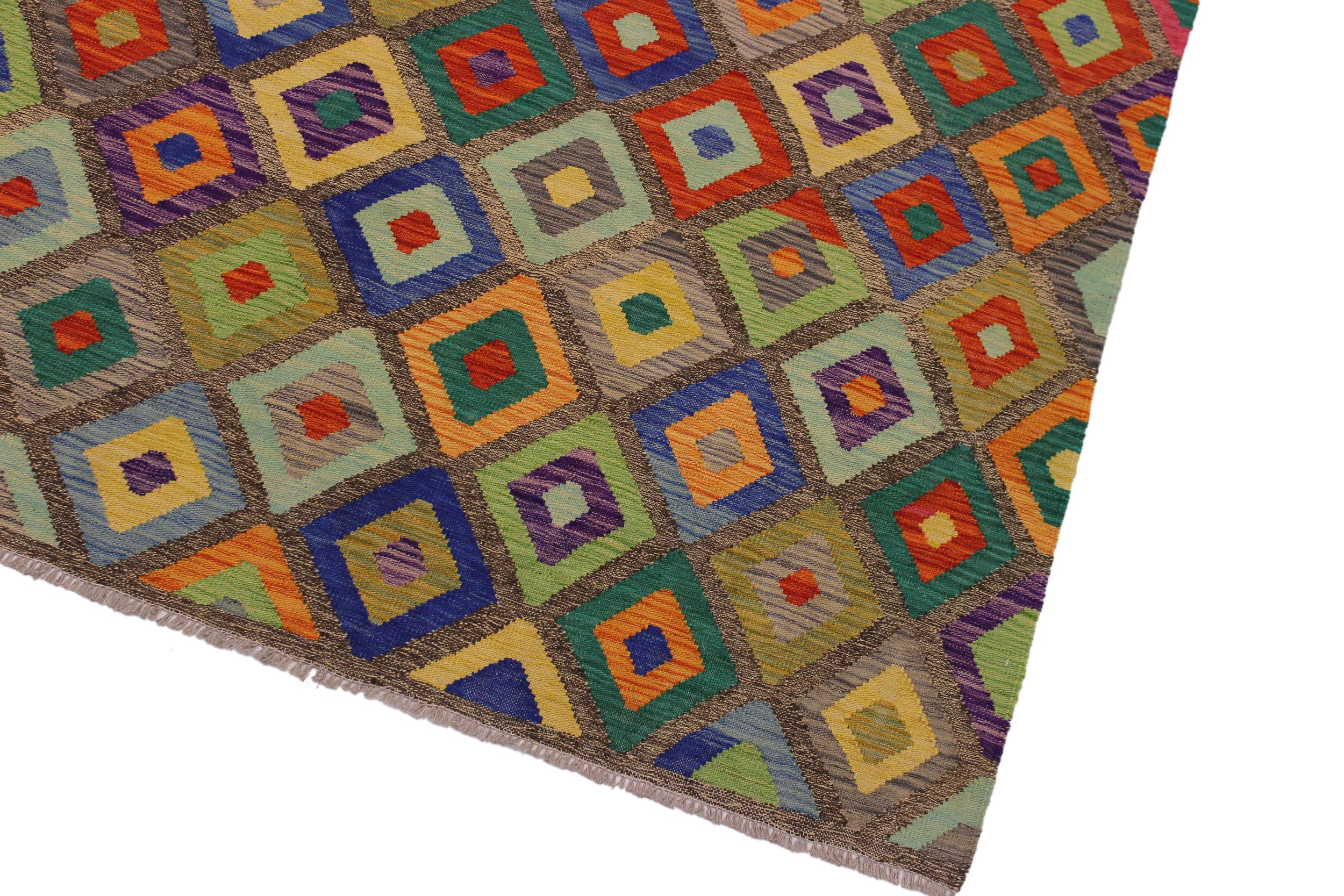 handmade Geometric Kilim Brown Blue Hand-Woven RECTANGLE 100% WOOL area rug 5 x 7