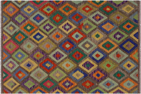 handmade Geometric Kilim Brown Blue Hand-Woven RECTANGLE 100% WOOL area rug 5 x 7