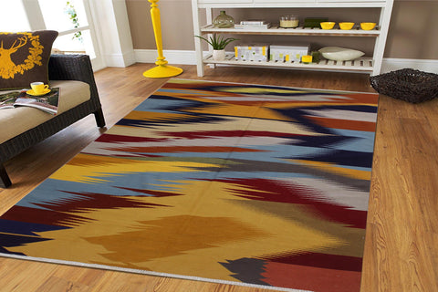 handmade Modern Kilim Gold Blue Hand-Woven RECTANGLE 100% WOOL area rug 6x9