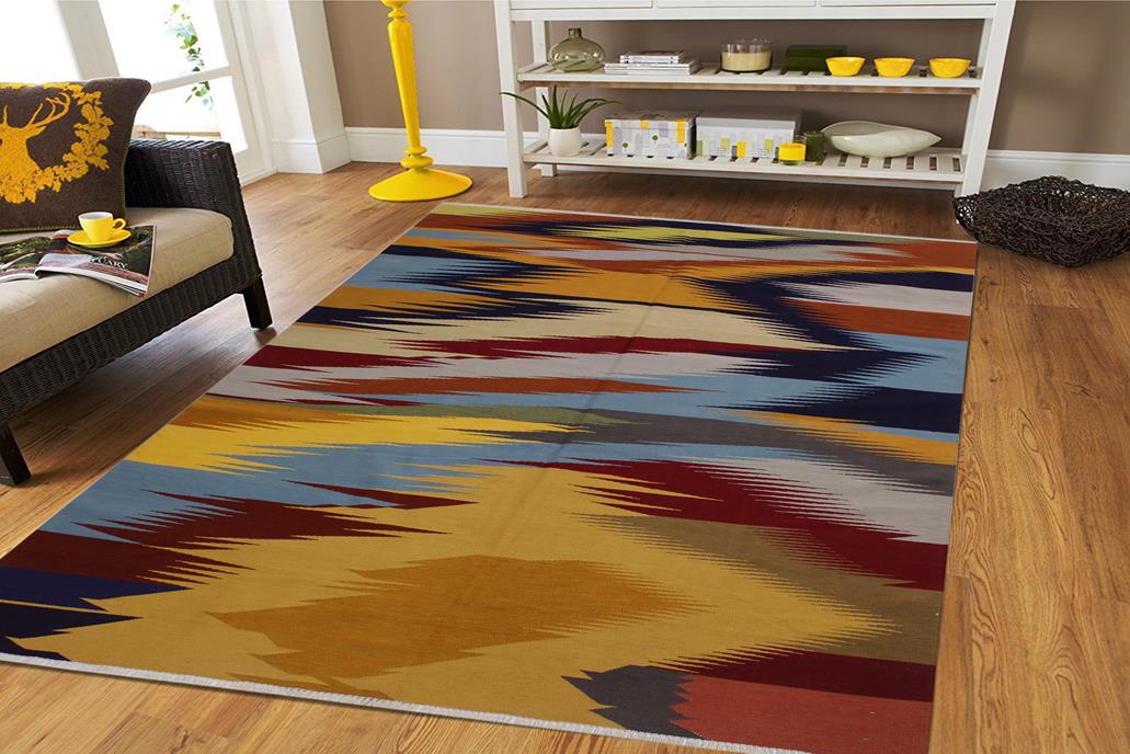 Flat Weave Kilim Antique Navaho Vintage handmade Modern Kilim Gold Blue Hand-Woven Rectangle 100% Wool Area Rug 6x9 