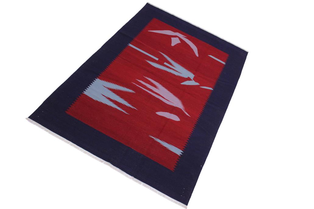 Flat Weave Kilim Antique Navaho Vintage handmade Modern Kilim Blue Red Hand-Woven Rectangle 100% Wool Area Rug 6x9 