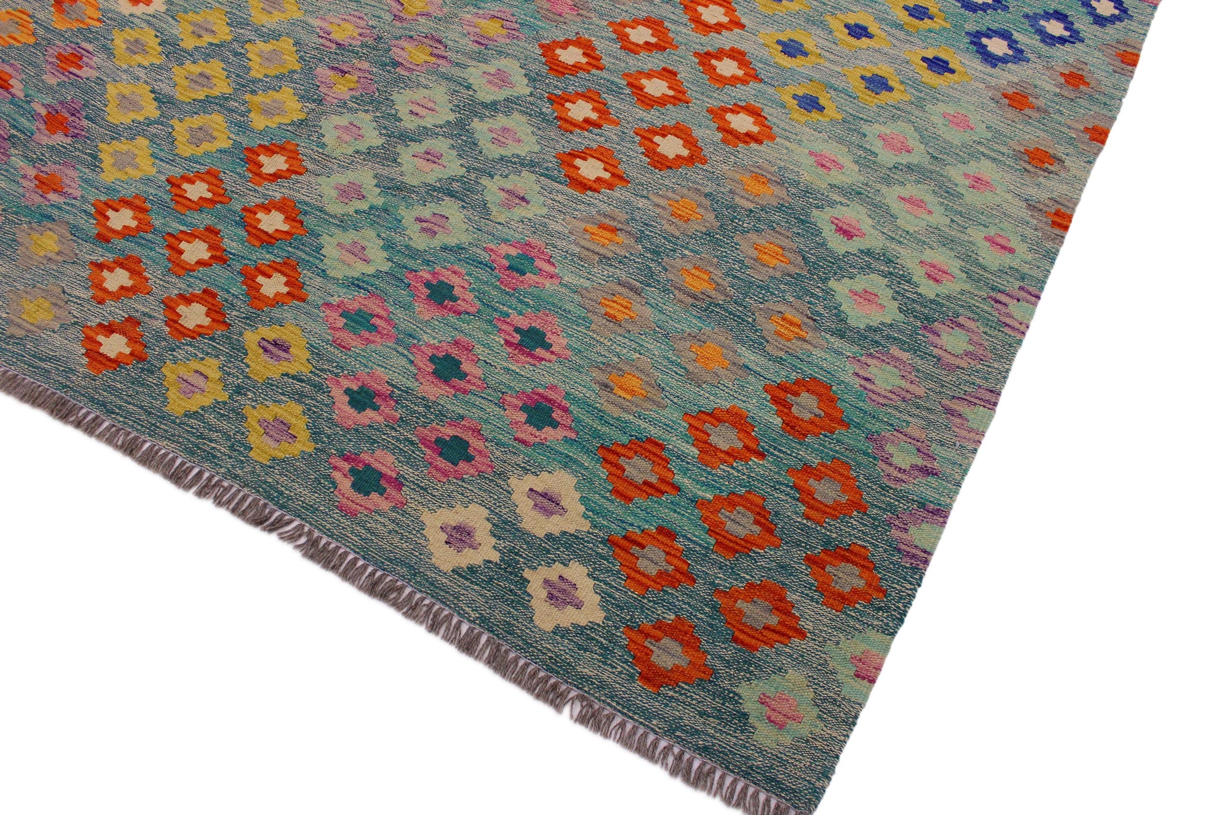 handmade Geometric Kilim Green Orange Hand-Woven RECTANGLE 100% WOOL area rug 7 x 10