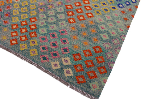 handmade Geometric Kilim Green Orange Hand-Woven RECTANGLE 100% WOOL area rug 7 x 10