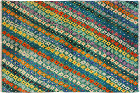 Modern Balochi Anamaria Green/Beige Wool Rug - 4'11''X6'8''