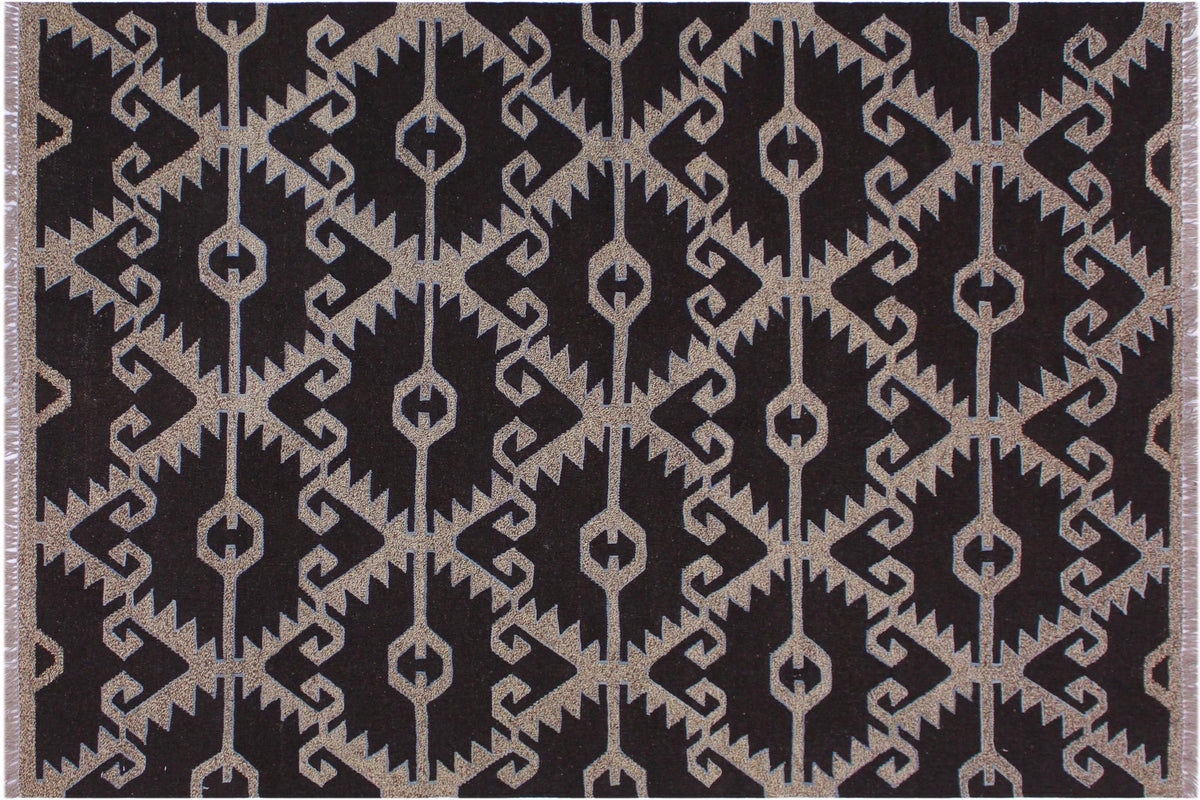 5x6 hand woven Turkish Flat Weave Kilim wool rug in brown and gray - Abstract Turkish Angelo