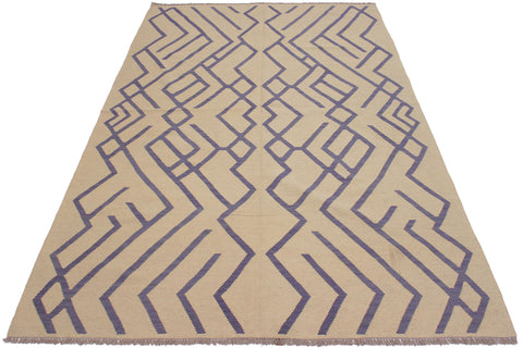 handmade Modern Kilim Beige Purple Hand-Woven RECTANGLE 100% WOOL area rug 7' x 10'