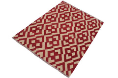 handmade Modern Kilim Red Beige Hand-Woven RECTANGLE 100% WOOL area rug 4' x 6'