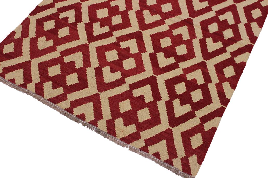 Flat Weave Kilim Antique Navaho Vintage handmade Modern Kilim Red Beige Hand-Woven Rectangle 100% Wool Area Rug 4x6 