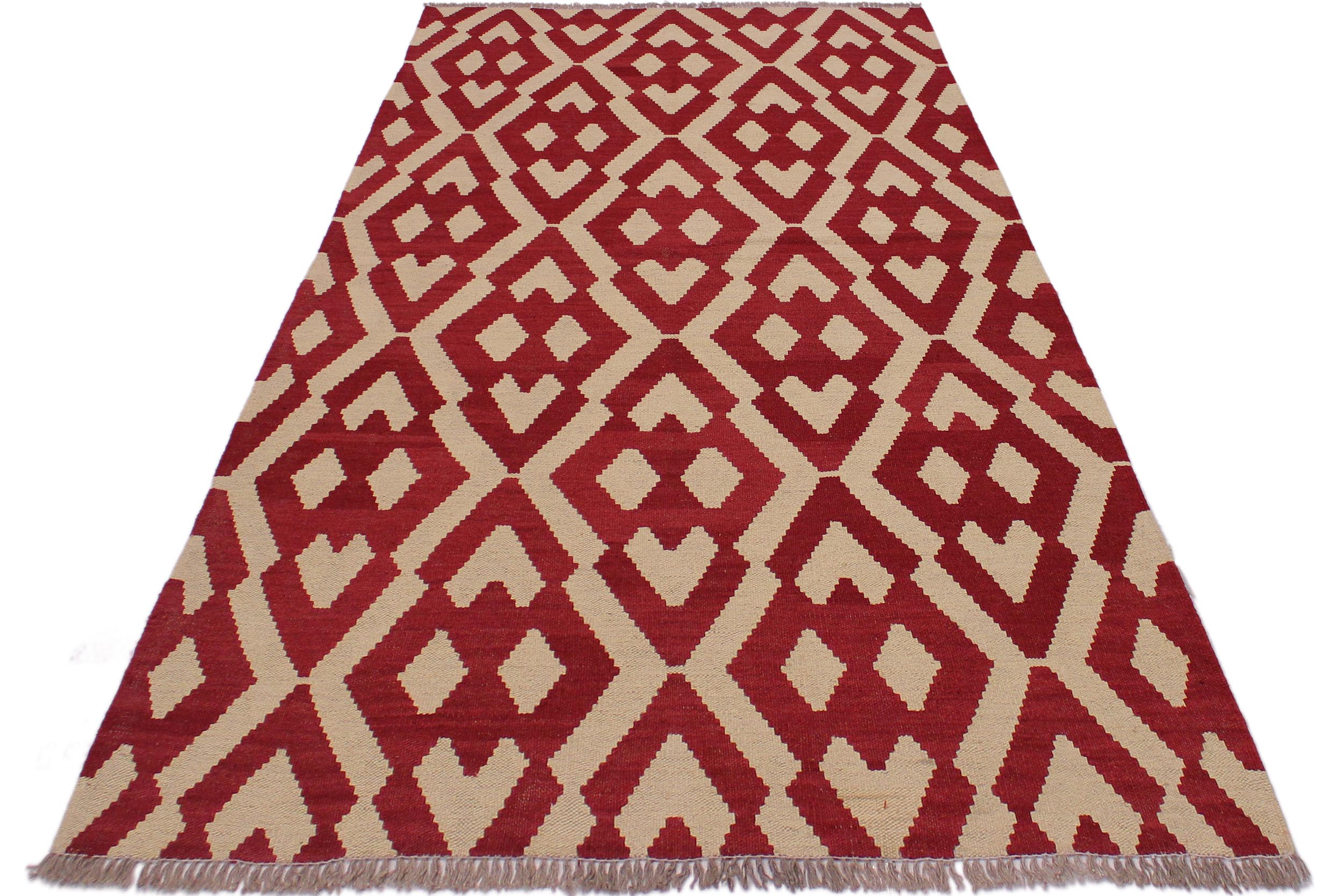 handmade Modern Kilim Red Beige Hand-Woven RECTANGLE 100% WOOL area rug 4' x 6'