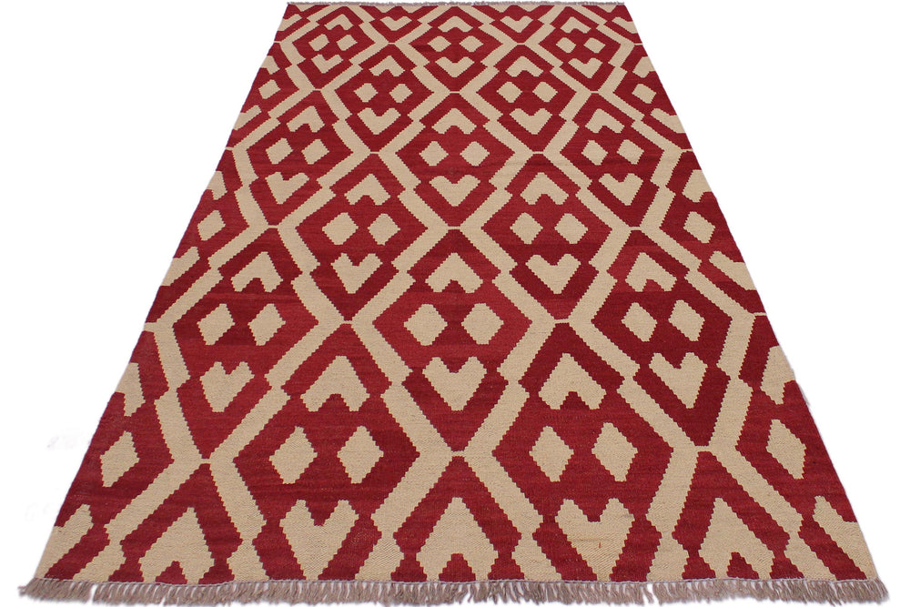 handmade Modern Kilim Red Beige Hand-Woven RECTANGLE 100% WOOL area rug 4' x 6'