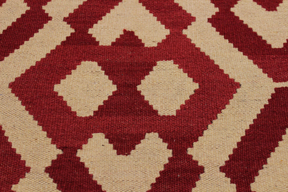 handmade Modern Kilim Red Beige Hand-Woven RECTANGLE 100% WOOL area rug 4' x 6'