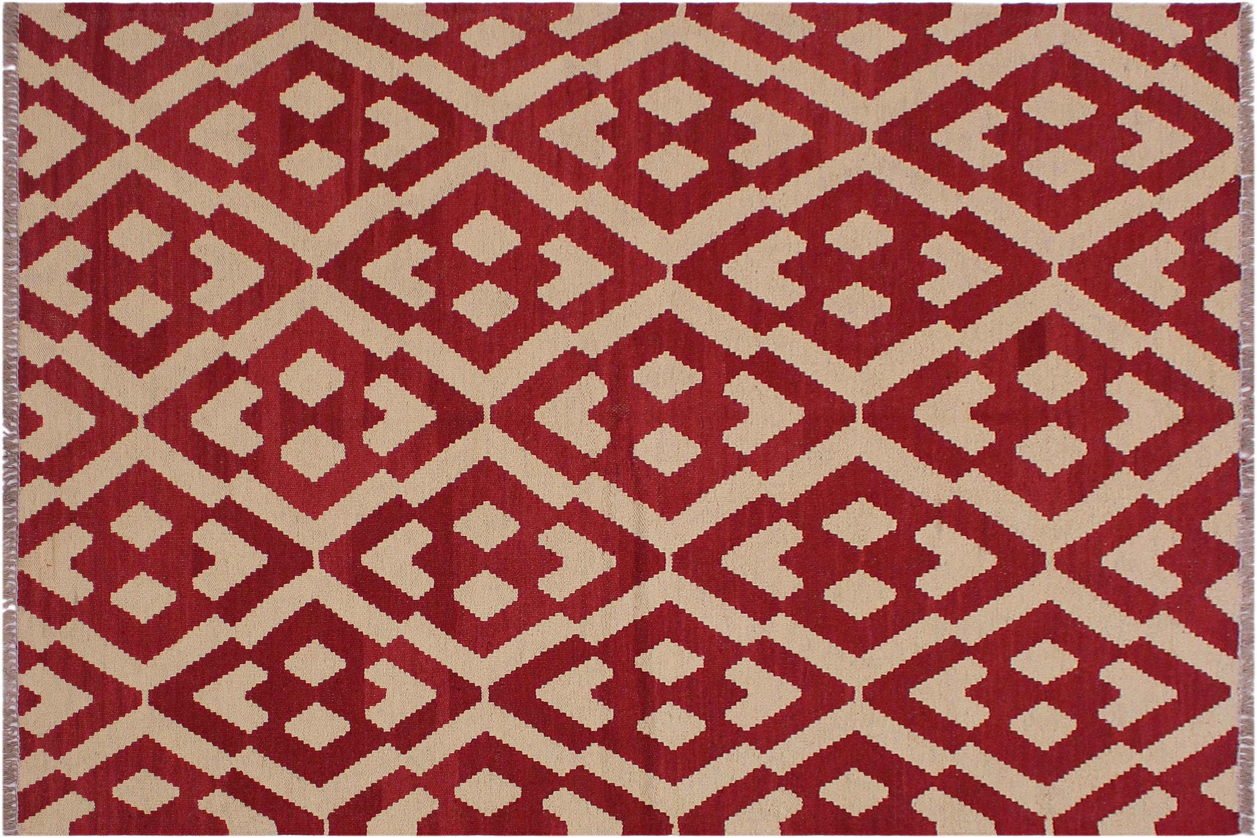 handmade Modern Kilim Red Beige Hand-Woven RECTANGLE 100% WOOL area rug 4' x 6'