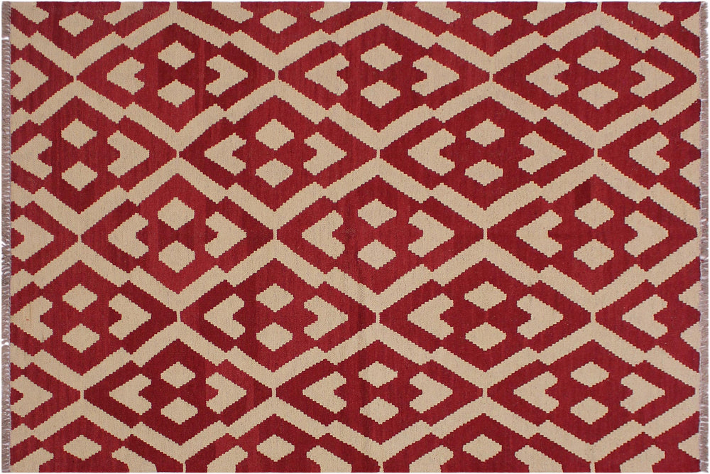handmade Modern Kilim Red Beige Hand-Woven RECTANGLE 100% WOOL area rug 4' x 6'